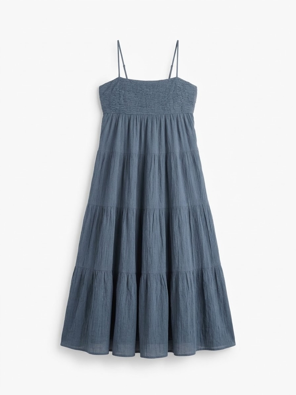Smocked Bodice Blue Tiered Midi Dress